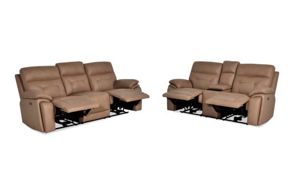 Sedona Sand Leather Power Reclining 87" sofa and 77" console loveseat set in beige transitional style, featuring leather upholstery, power headrests, recline, cup holders, and storage.