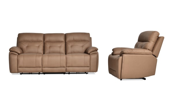 Sedona Sand Leather Power Reclining 87'' Sofa and Recliner set in beige leather with vinyl accents, transitional style, featuring padded cushions and power headrest controls.
