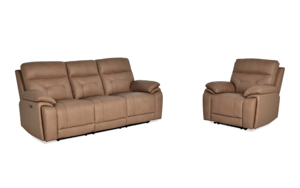 Sedona Sand Leather Power Reclining 87'' Sofa and Recliner set in beige transitional style, featuring leather upholstery, power headrests, and cup holders.