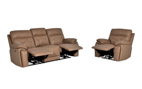 Sedona Sand Leather Power Reclining 87" Sofa and Recliner set in beige transitional style, featuring plush leather upholstery, power headrests, and recline functions.