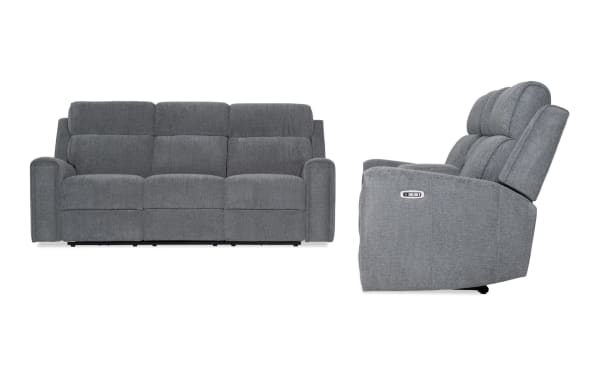 Athens Gray 85'' power reclining sofa and 75'' console loveseat set in gray polyester fabric. Transitional style with power headrests, USB/USB-C ports, cup holders, and memory foam seating.