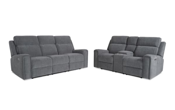 Athens Gray 85'' power reclining sofa and 75'' console loveseat set in gray polyester fabric. Transitional style with power headrests, USB/USB-C ports, cup holders, storage, and memory foam seating.