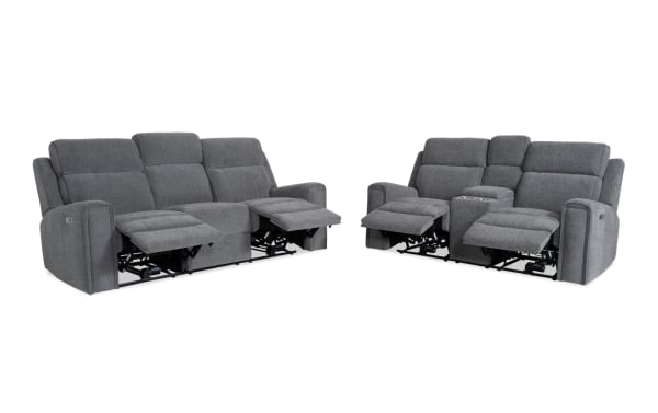 Athens Gray 85'' power reclining sofa and 75'' console loveseat set in gray polyester fabric, transitional style with power headrests, USB ports, cup holders, and memory foam cushions.