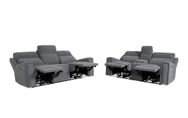 Athens Gray 85'' power reclining sofa and 75'' console loveseat set in gray polyester fabric. Transitional style with power headrests, USB/USB-C ports, cup holders, storage, and memory foam cushions.