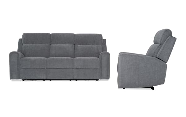 Athens Gray 85'' transitional fabric sofa and recliner set in gray polyester with power reclining, adjustable headrests, USB ports, cup holders, and storage.