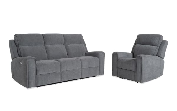 Athens Gray 85'' transitional fabric sofa and recliner set in gray polyester with power reclining, power headrests, USB ports, cup holders, and storage.