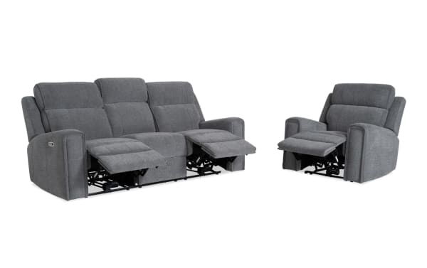 Athens Gray 85'' transitional fabric sofa and recliner set with power reclining, power headrests, built-in USB/USB-C ports, cup holders, and memory foam.