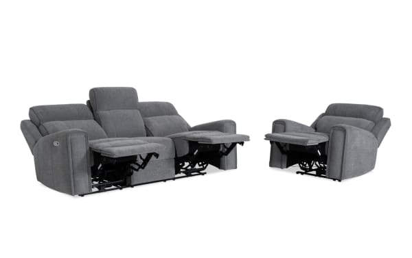 Athens Gray 85'' power reclining sofa and recliner set in gray polyester fabric, transitional style with power headrests, USB ports, cup holders, and storage.