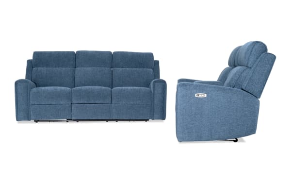 Athens Blue 85'' power reclining sofa and 75'' console loveseat with power headrests, blue polyester fabric, transitional style, USB ports, cup holders, storage, memory foam.