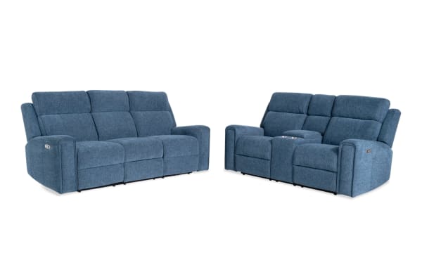 Athens Blue 85'' power reclining sofa and 75'' console loveseat in blue polyester fabric, transitional style with power headrests, USB ports, cup holders, and memory foam cushions.
