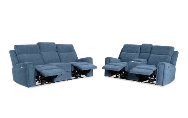 Athens Blue 85'' power reclining sofa and 75'' console loveseat in blue polyester fabric. Transitional style with power headrests, USB ports, cup holders, storage, and memory foam seating.