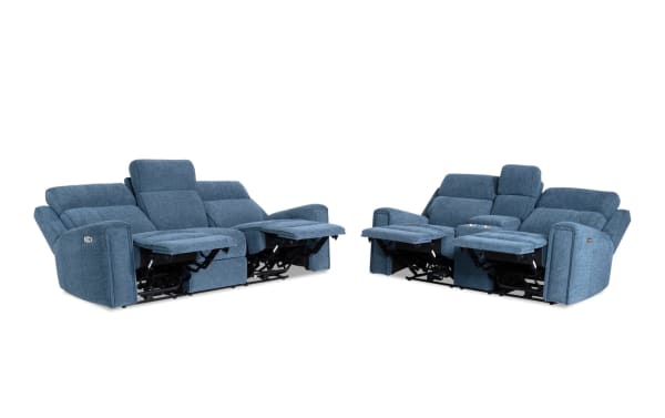 Athens Blue 85'' power reclining sofa and 75'' console loveseat in blue polyester fabric, transitional style with power headrests, USB ports, cup holders, and memory foam cushions.
