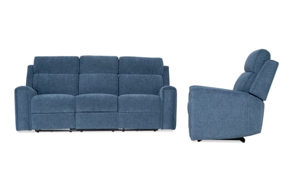 Athens Blue 85'' power reclining sofa and recliner set in blue polyester fabric, transitional style with power headrests, USB ports, cup holders, and memory foam cushions.