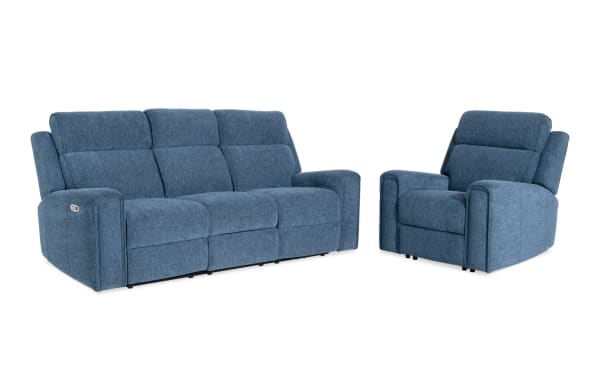Athens Blue 85'' power reclining sofa and recliner set in blue polyester fabric, transitional style with power headrests, USB ports, cup holders, and memory foam.