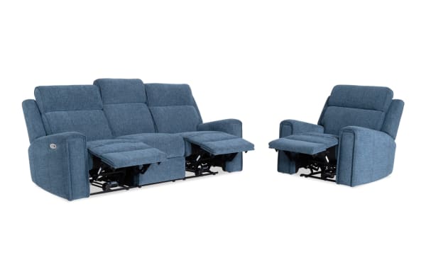 Athens Blue 85'' power reclining sofa and recliner set in blue polyester fabric, transitional style with power headrests, USB ports, cup holders, and memory foam.