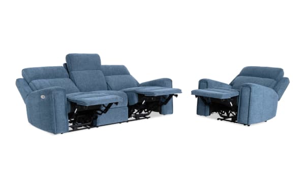 Athens Blue 85'' power reclining sofa and recliner set in transitional style with blue polyester fabric, power headrests, USB ports, cup holders, and memory foam.