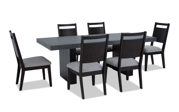 Atlas 7 Piece Brown & Gray Panel Back Upholstered Dining Set with faux concrete melamine table top and gray fabric memory foam chairs in contemporary style