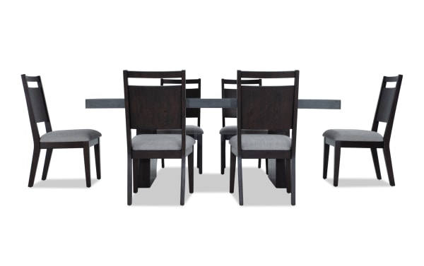 Atlas 7 Piece Brown & Gray Panel Back Upholstered Dining Set with faux concrete melamine table top, gray memory foam fabric chairs, and contemporary Asian hardwood frame.