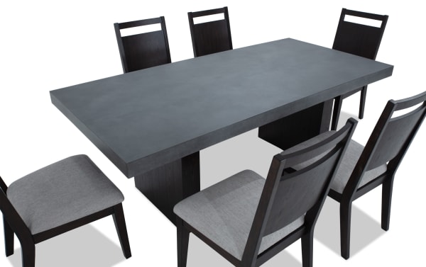 Atlas 7 Piece Brown & Gray Panel Back Upholstered Dining Set with faux concrete melamine tabletop, gray fabric memory foam chairs, Asian hardwood frame, contemporary style.