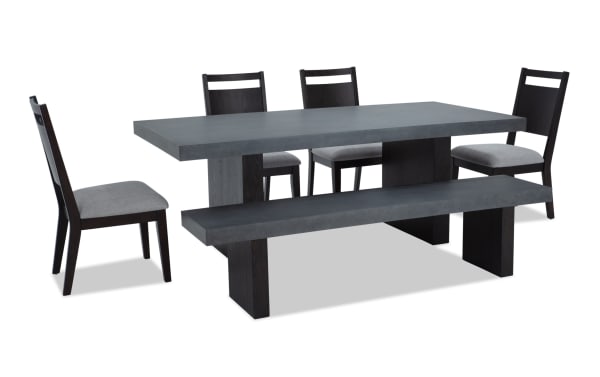 Contemporary Atlas 6 Piece Gray Upholstered Dining Set with faux concrete melamine table top, memory foam fabric chairs, and matching bench.