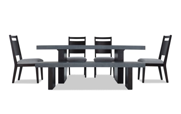 Atlas 6 Piece Gray Upholstered Dining Set with faux concrete melamine table top, memory foam chairs, bench, contemporary style, Atlas Dining collection