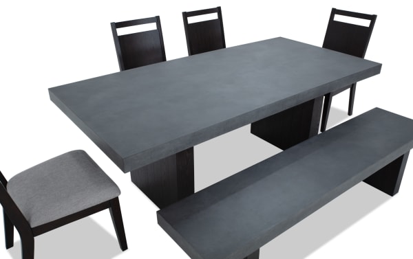 Atlas 6 Piece Brown & Gray Panel Back Upholstered Dining Set with bench, featuring gray faux concrete melamine tabletop, Asian hardwood frame, and memory foam fabric chairs in contemporary style.