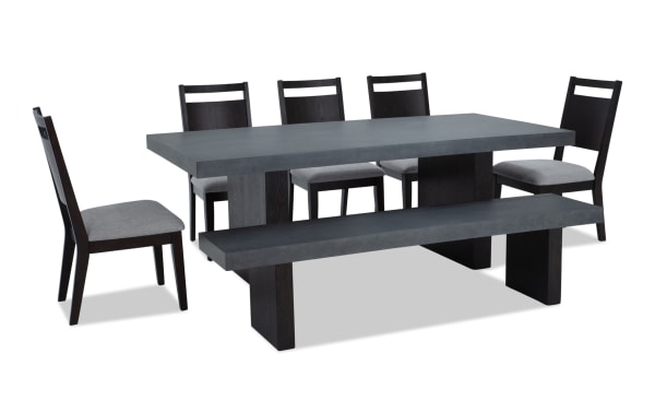 Atlas 7 Piece Gray Upholstered Dining Set with faux concrete melamine table top, memory foam chairs, bench, contemporary style, Atlas Dining collection