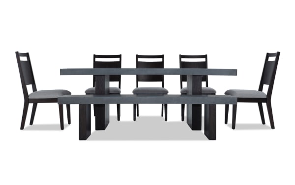 Atlas 7 Piece Gray Upholstered Dining Set with Faux Concrete Melamine Tabletop, Asian Hardwood Frame, and Memory Foam Chairs in Contemporary Style