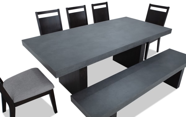 Atlas 7 Piece Brown & Gray Panel Back Upholstered Dining Set with Bench featuring a gray faux concrete melamine tabletop, Asian hardwood frame, and Bob-O-Pedic memory foam fabric chairs in contemporary style.