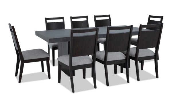 Atlas 9 Piece Brown & Gray Panel Back Upholstered Dining Set with faux concrete melamine tabletop, gray polyester fabric chairs, and Asian hardwood frame in contemporary style.
