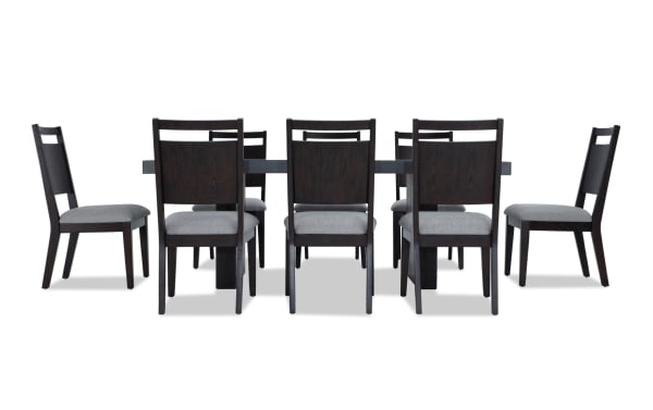 Atlas 9 Piece Brown & Gray Panel Back Upholstered Dining Set with faux concrete melamine tabletop, gray fabric Bob-O-Pedic memory foam chairs, Asian hardwood solids, contemporary style from Atlas Dining collection.