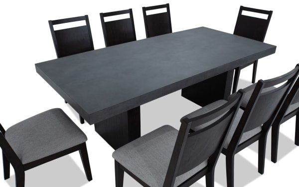 Atlas 9 Piece Brown & Gray Panel Back Upholstered Dining Set with faux concrete melamine table top, gray fabric memory foam chairs, contemporary style.