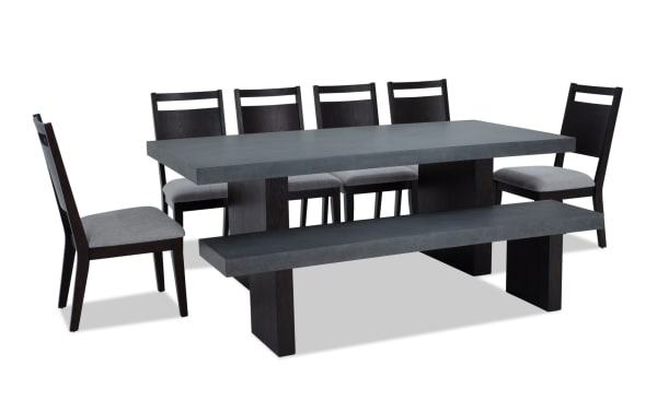 Atlas 8 Piece Gray Upholstered Dining Set with faux concrete melamine table top, panel back chairs with memory foam seats, and matching bench in contemporary style.