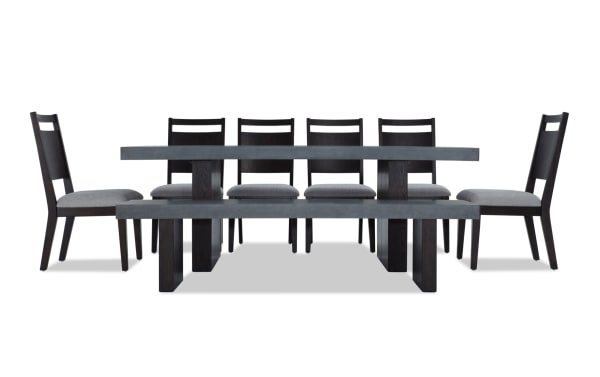 Atlas 8 Piece Gray Upholstered Dining Set with faux concrete melamine tabletop, panel back chairs with memory foam seats, and matching bench in contemporary style.