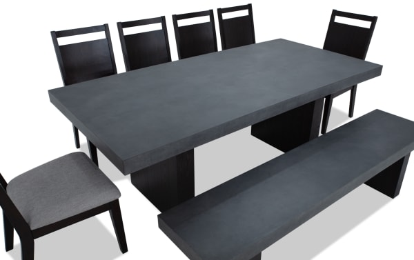 Atlas 8 Piece Brown & Gray Panel Back Upholstered Dining Set with bench, featuring a faux concrete melamine tabletop, gray polyester fabric chairs with memory foam, and a matching bench from the contemporary Atlas Dining collection.