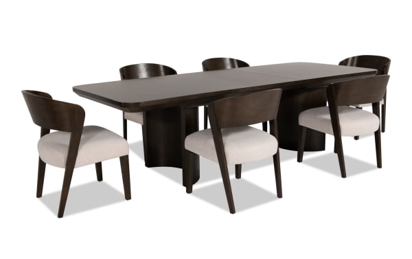 Luxe 7 Piece Brown & White Upholstered Dining Set with extendable oak veneer table, rubberwood frame, and Bob-O-Pedic memory foam fabric chairs in contemporary Luxe Dining style.
