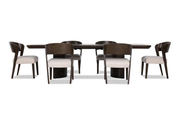 Luxe 7 Piece Brown & White Upholstered Dining Set with rubberwood, oak veneers, polyester fabric, memory foam seats, extendable table, contemporary style.