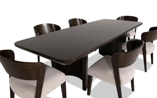 Luxe 7 Piece Brown & White Upholstered Dining Set with extendable rubberwood and oak veneer table, rounded edges, and Bob-O-Pedic memory foam fabric chairs in contemporary Luxe Dining style.