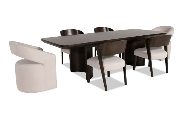 Luxe 7 Piece Brown & White Upholstered Dining Set with extendable oak veneer table, Bob-O-Pedic memory foam fabric chairs, and contemporary rounded edges.