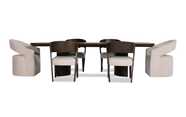 Luxe 7 Piece Brown & White Upholstered Dining Set with extendable oak veneer table, Bob-O-Pedic memory foam seating, and rounded edges in contemporary style.