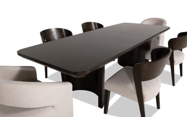 Luxe 7 Piece Brown & White Upholstered Dining Set with extendable dark oak veneer table, rounded edges, and white polyester fabric chairs with memory foam seating.