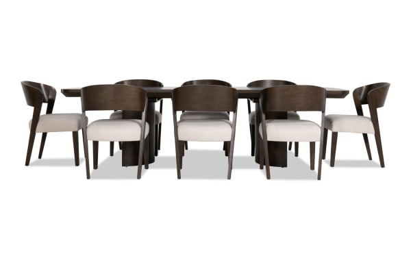 Luxe 9 Piece Brown & White Upholstered Dining Set with extendable oak veneer table, rubberwood frame, and Bob-O-Pedic memory foam seats in contemporary Luxe Dining collection.