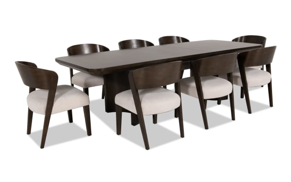 Luxe 9 Piece Brown & White Upholstered Dining Set with rubberwood, oak veneers, and polyester fabric. Contemporary style with rounded edges, extendable table, and memory foam seating.