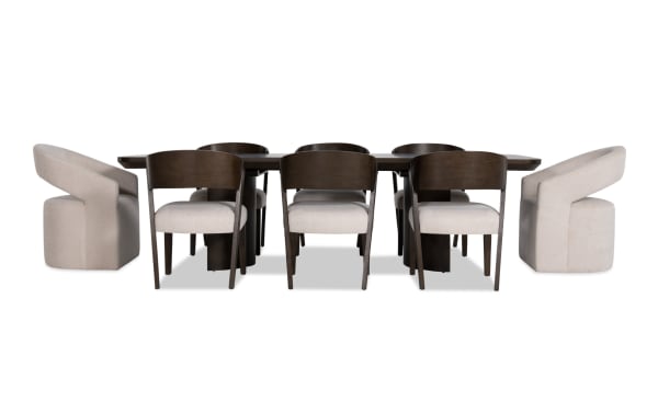 Luxe 9 Piece Brown & White Upholstered Dining Set with rubberwood, oak veneers, and polyester fabric. Contemporary style with rounded edges, memory foam seating, and extendable table.