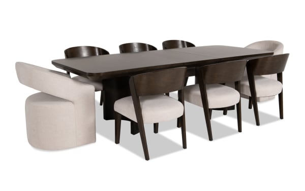 Luxe 9 Piece Brown & White Upholstered Dining Set with extendable rubberwood oak table, Bob-O-Pedic memory foam seats, and contemporary rounded edges.