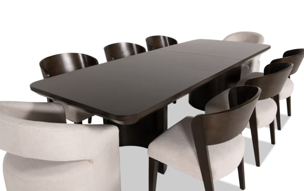 Luxe 9 Piece Brown & White Upholstered Dining Set with extendable oak veneer table, rounded edges, and memory foam polyester fabric chairs in contemporary style.