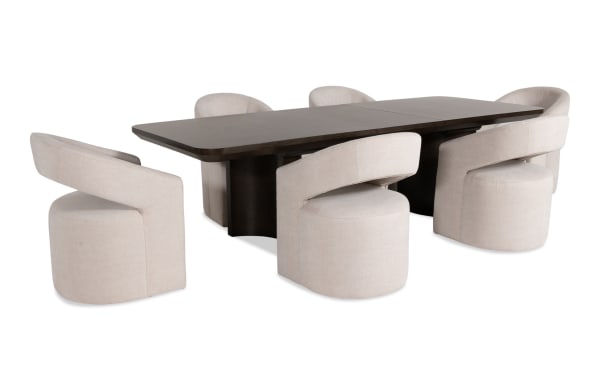 Contemporary Luxe 7 Piece Dining Set with white Bob-O-Pedic memory foam chairs, extendable brown oak veneer table, rubberwood and MDF frame.