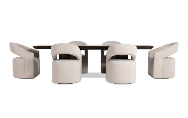 Luxe 7 Piece Brown & White Upholstered Dining Set with extendable oak veneer table, rounded edges, and white Bob-O-Pedic memory foam fabric chairs in contemporary style.