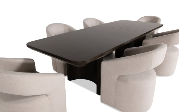 Luxe 7 Piece Brown & White Upholstered Dining Set with extendable dark oak veneer table and white polyester fabric chairs featuring Bob-O-Pedic memory foam seating.