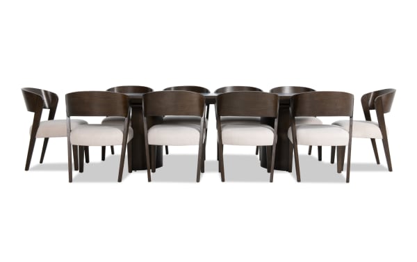 Luxe 11 Piece Brown & White Upholstered Dining Set with rubberwood, oak veneers, polyester fabric, memory foam seats, and an extendable table in contemporary style.